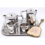 Old Hall stainless tea set on tray with hand mirror