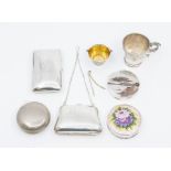 A collection of silver to include: Victorian cushion shaped cigarette box, by Robert Pringle,