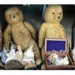 Two vintage teddy bears, Dormouse, teddies, small dolls and carved Indian box