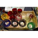 Glassware - coloured hock glasses; etched green wine glasses; dessert glasses; etc (2 boxes)