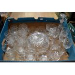 A collection of various glassware including cut glass Sundae dishes, bowl, wine glasses and