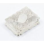 A Victorian silver cartouche shaped snuff box, engraved with floral and geometric pattern by Colen