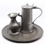 Two large Georgian pewter chargers, large pewter tankard and pewter water jug