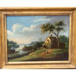 18th Century school Figures in Cottage landscape with river and town beyond   oil on board, 19 x
