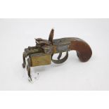 A Dunhill Tinder Pistol novelty table lighter, gilt brass with walnut handle, having flintlock