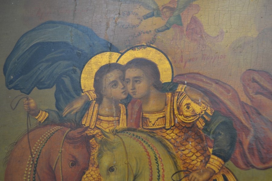 Greek Icon dated  1875 Orthodox Byzantine hand painted and signed of two saints on horseback, with - Image 2 of 4