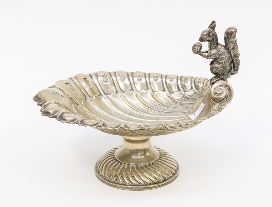 19th Century silver plated nut bowl, leaf shape with squirrel detail, punched on bowl