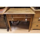 An 18th Century fruitwood single drawer lowboy, joined construction, curved and pierced apron,