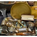 A collection of metal wares including silver plate, copper, pewter, picture frames etc