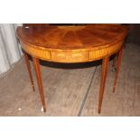 A George III style mahogany and satinwood demilune side table, in the manner of Thomas Sheraton,