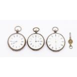 A collection of three late 19th Century pocket watches, all open faced with white enamel dials,
