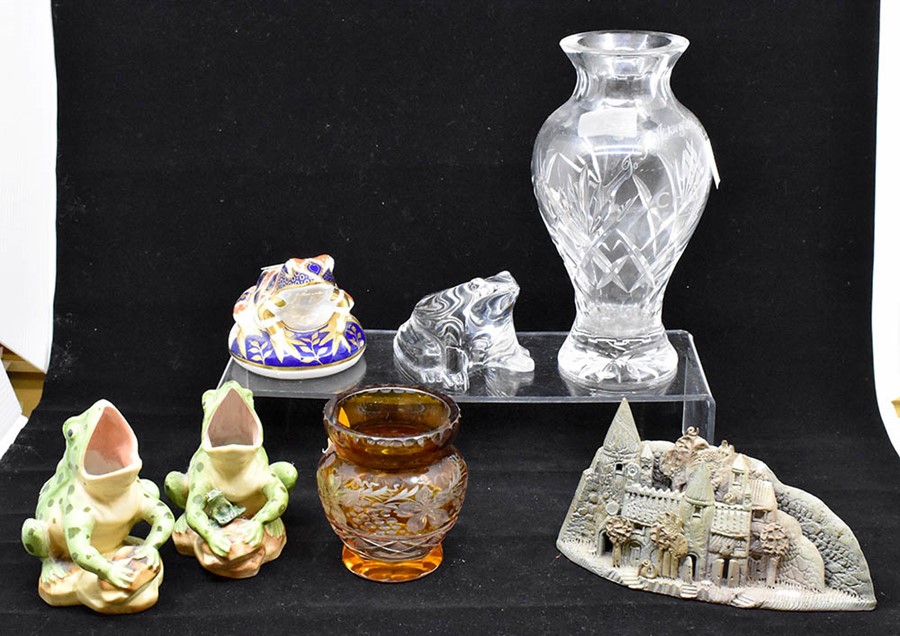 A collection of glass including French glass frog, Royal Crown Derby gold stopper frog