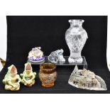 A collection of glass including French glass frog, Royal Crown Derby gold stopper frog