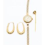 A 9ct gold ladies Art Deco watch, round champagne dial with number markers and outer seconds