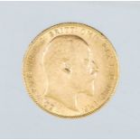 A 1908 Edward VII gold sovereign, London mint.