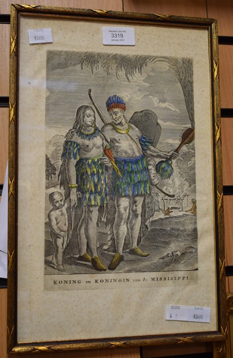 Early 18th Century hand-coloured engraving of the indigenous people of Louisiana, entitled 'Koning