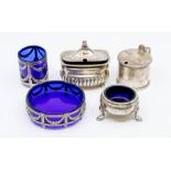 A collection of silver condiments to include:  Georgian style large drum shaped mustard pot and