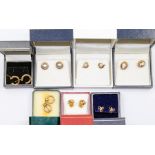 Seven pair of 9ct gold earrings, including pearl and cameo set, total gross weight 15.2gms (7)