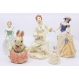 Royal Doulton lady figures Serenade Grace along with Royal Worcester Alice, Coalport Danielle and