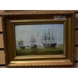 British School (late 19th Century) Three Galleons with regatta beyond oil on canvas, 18.5 x 28cm