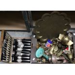 A collection of assorted metalware to include Indian brassware plates, brass figures including
