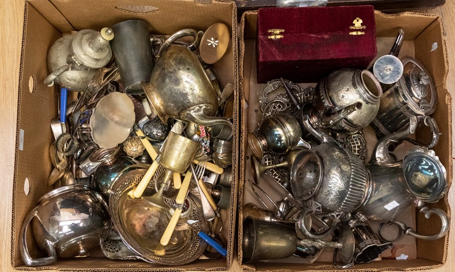 A collection of silver plated items, mostly teapot and tea sets, Victorian and Edwardian bonbon