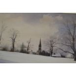 Watercolour of a Derbyshire village, probably Edensor, with church spire prominent, in Winter,
