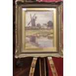 C.W. Hopper (20th century) Riverside Windmill, watercolour, signed with initials and dated 1918,