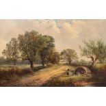 George Turner, a country lane with a figures in a tent and a dog by a pond, bears signature l.l,,