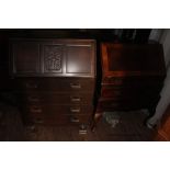 A Queen Anne style walnut veneered and cross-banded bureau, raised on cabriole legs, 101cm high,