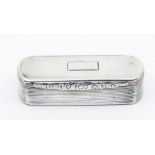 A George IV silver snuff box, oval with foliate thumpiece, reeded sides with engine turned