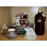 A Continental porcelain tea caddy, two Wedgwood majolica leaf moulded plates, three Derby peacock