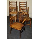 A pair of 19th century elm seated spindle back side chairs, a pair of rush seat ladder back chairs