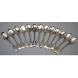 A composite part set of thirteen Victorian and later silver fiddle and thread teaspoons, each