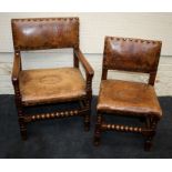 A set of eight early 20th century oak dining chairs, each with studded hide upholstered back and