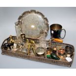 A silver plated gallery tray, a brass pig vesta, a silver mounted dressing table scent bottle,