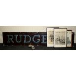 A mid 20th century tin Rudge bicycle sign (200 x 38cm), a P and H Ltd Revenge lamp, a reproduction