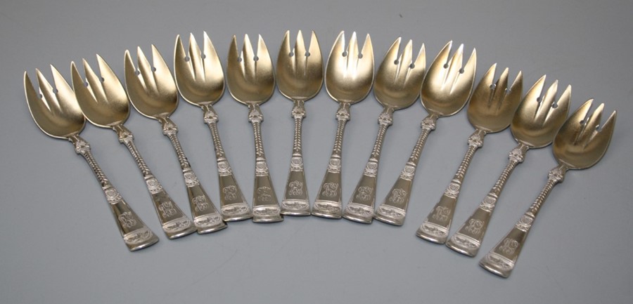 A set of Twelve late 19th century Gorham of Rhode-Island silver pastry forks  with silver gilt and