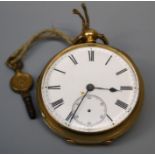 A late Victorian 18ct yellow gold key wind fob watch. Fitted a single fusee and lever escapement.