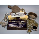 A mixed lot of collectors items including a mahogany cased technical drawing set, two pierced