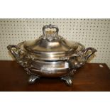 A fine early 19th century heavy silver plated, two handled  cartouch form soup tureen and cover