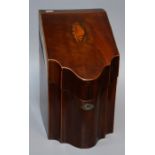 A George III Cocuilage inlaid mahogany serpentine fronted cutlery box with sloping cover, now fitted