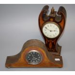 An Edwardian mahogany and boxwood swag inlaid mantle clock, the winged case with urn finial