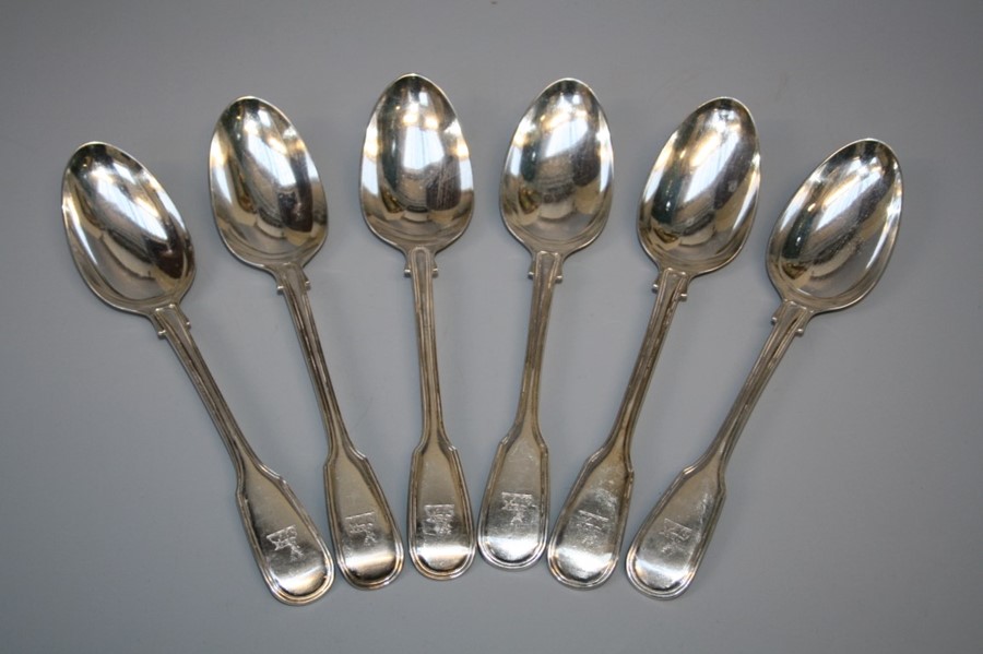A composite but matching set of six Victorian silver fiddle and thread soup spoons. London 1841 by