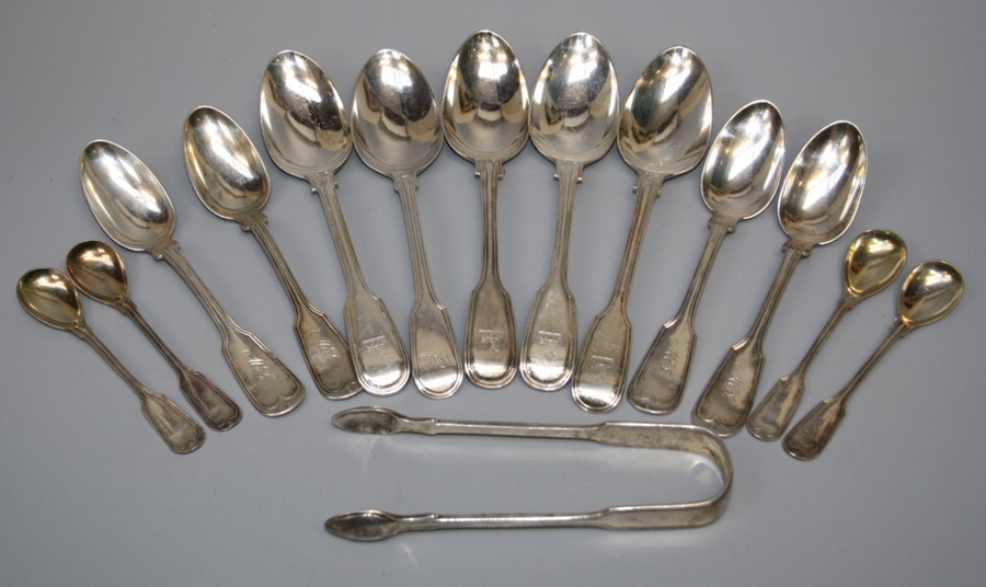 A composite but matching part set of five Victorian silver, "fiddle & thread" desert spoons and