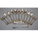 A composite but matching part set of five Victorian silver, "fiddle & thread" desert spoons and