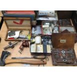 Model making equipment, plans, tools. Good selection to include vintage scribe, hickory handled axe,