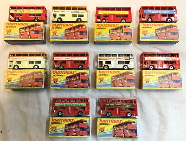 Matchbox: A collection of assorted Matchbox London Buses, No. 17, Preston Guild Merchants, Impel 76,