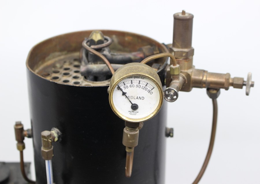 Live Steam: A vertical live steam boiler, scratch-built, upon raised metal base, height approx. 15". - Image 2 of 3