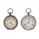 Two silver ladies open faced pocket watches, one with white enamel dial, Arabic markers. with